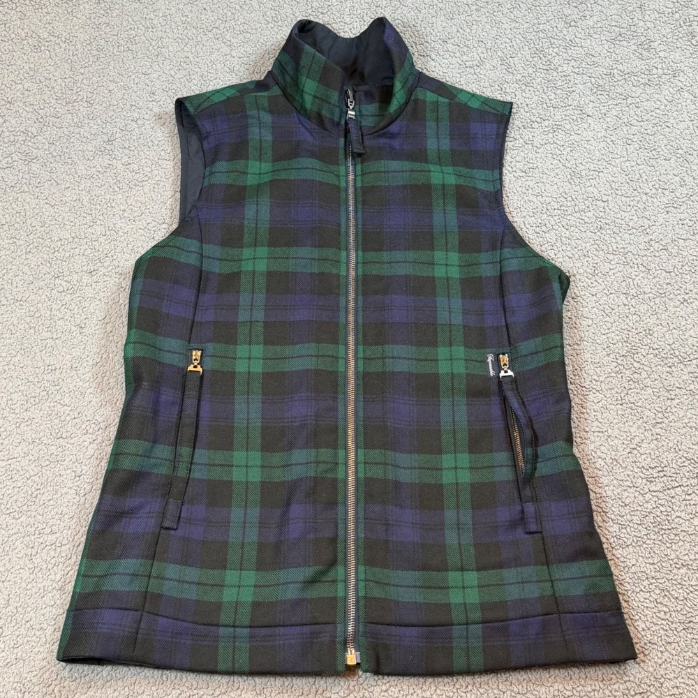 Faconnable Reversible Vest Womens XS Black Watch Plaid Tartan Wool Quilted Zip